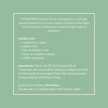 What does vitamoreD contain. What are the ingredients for VitamoreD. VitamoreD ingredients. Calcifediol supplement.